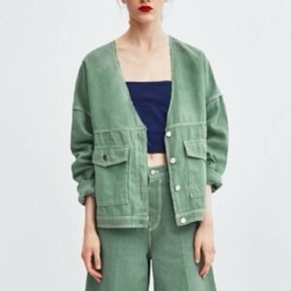Zara TRF Green Raw Hem Linen Blend Utility Jacket Sz S